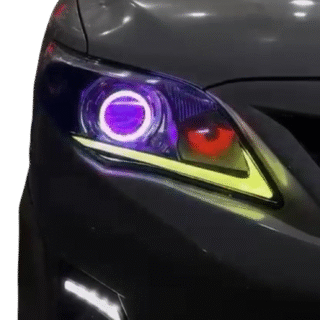 Toyota Corolla 2011-2014 Custom Round Shape Projector Headlight with RGB Halo Rings, Nike Style DRL & Eyes Pair