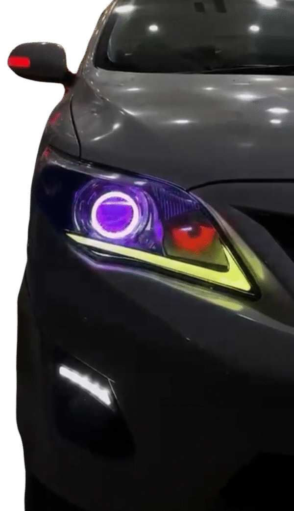 Toyota Corolla 2011-2014 Custom Round Shape Projector Headlight with RGB Halo Rings, Nike Style DRL & Eyes Pair